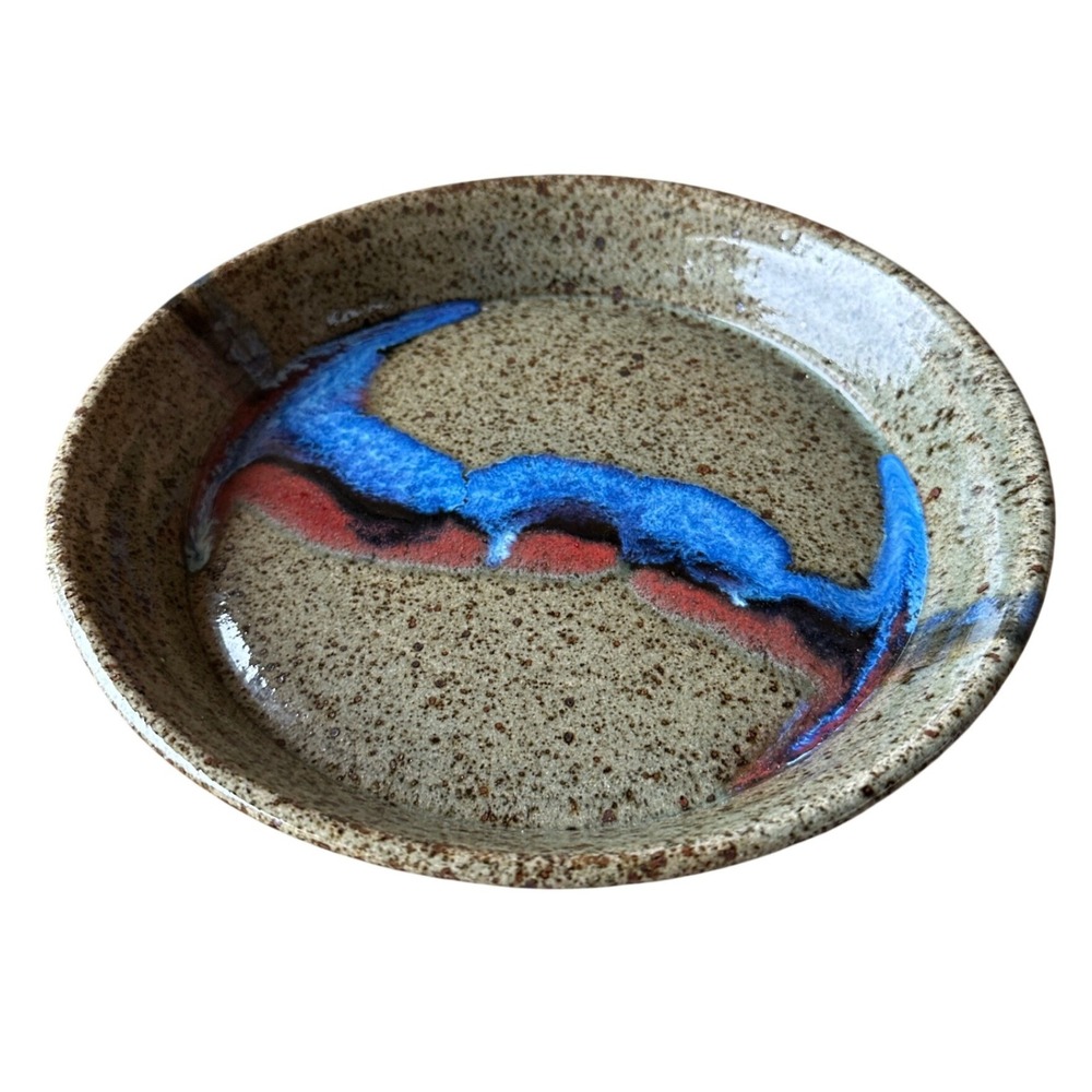 Signed Studio Pottery Speckled Stoneware Bowl Blue Red Abstract Glaze 9 in